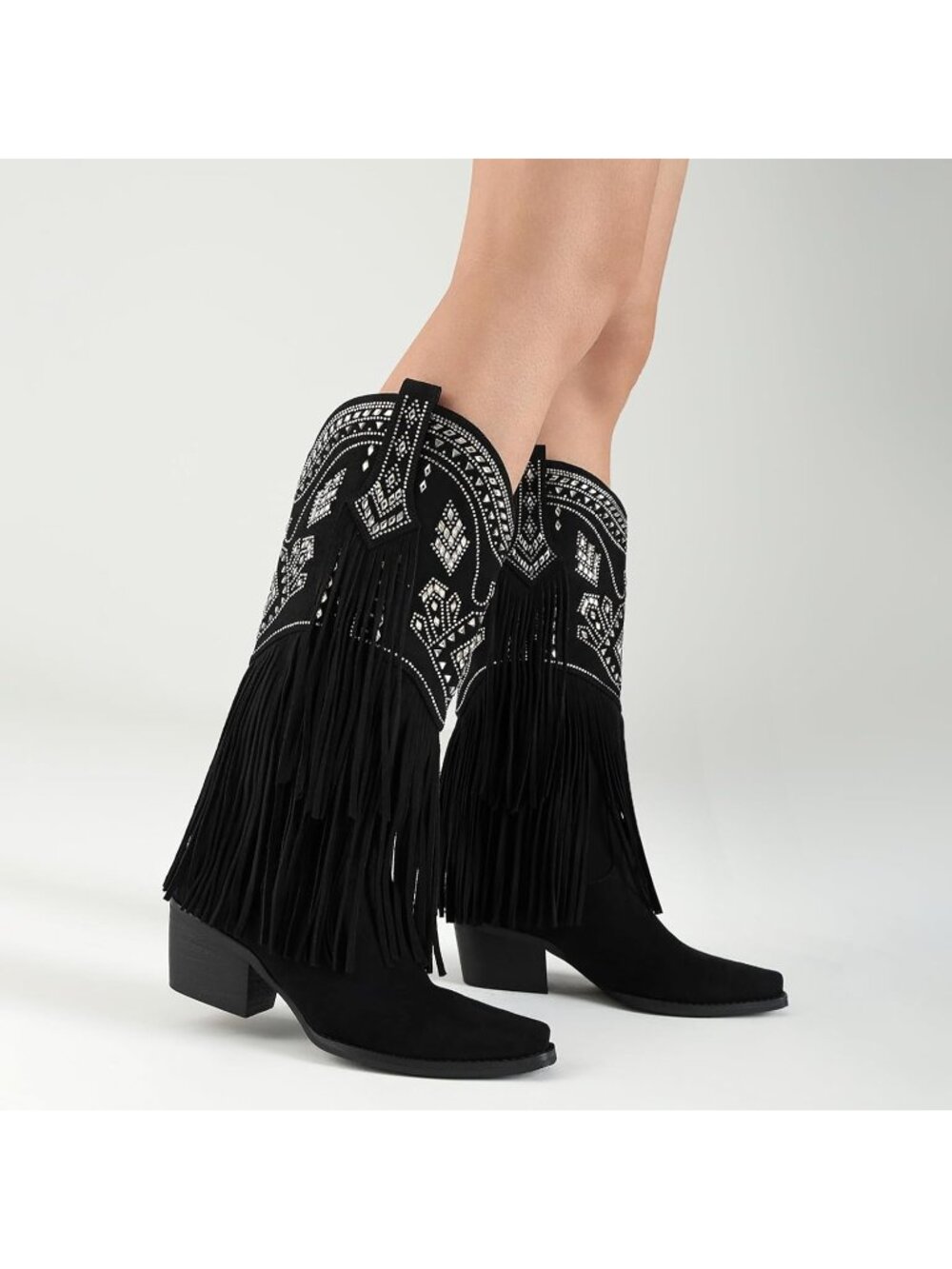 Women's Black Cowgirl Knee High Fringe Boots Pointed Toe Chunky Block Heel - Picture 6 of 6